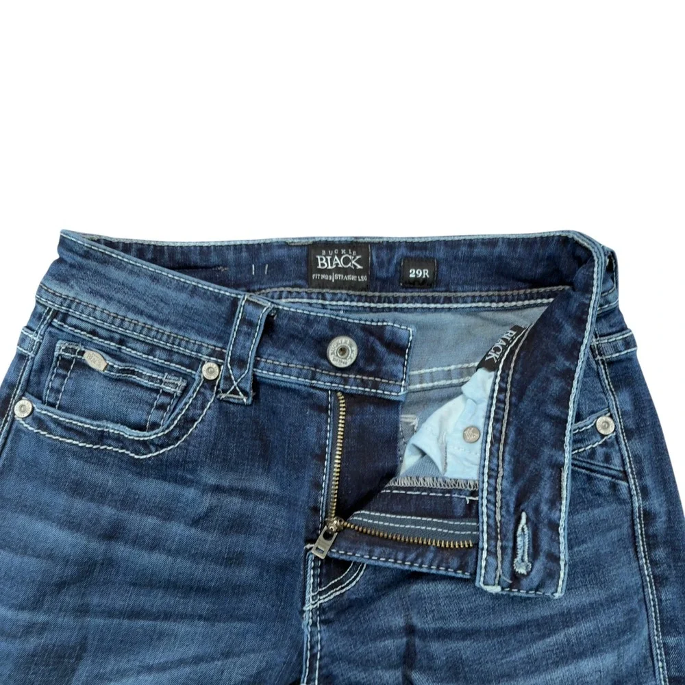 Buckle Black Fit No 3 Straight Leg Jeans Mens 29R Dark Wash Contrast Stitch Blue